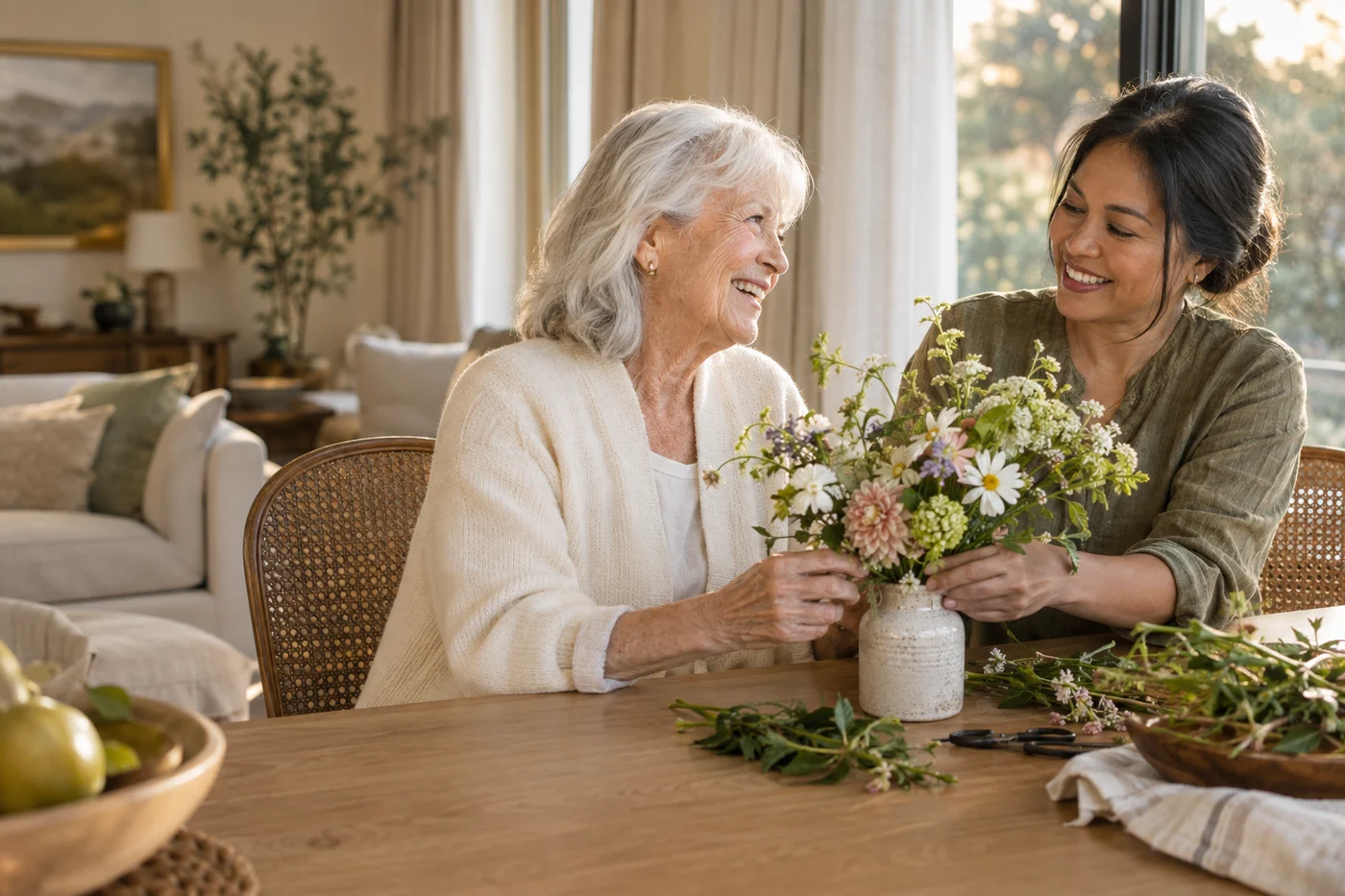 An older woman and a caregiver enjoying flower arranging together